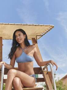 Nöista Conjunto de bikini de mujer con parte superior de tirantes nudoso y Bottom dividida de unicolor - Azul - Ver 8