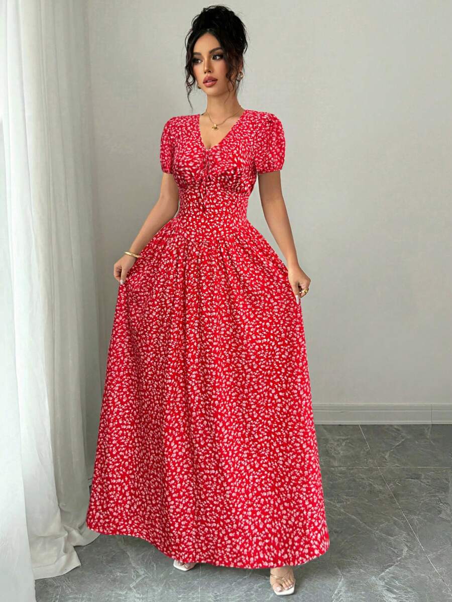 Elenzga Đầm dài tay bồng eo đàn hồi thanh lịch mùa hè cho nữ, Đầm maxi. Dành cho mùa xuân/hè, trang phục hòa nhạc cho nữ, thanh lịch phù hợp để đi làm hàng ngày, lễ hội âm nhạc, trang phục ngày lễ - Đỏ - Xem 1