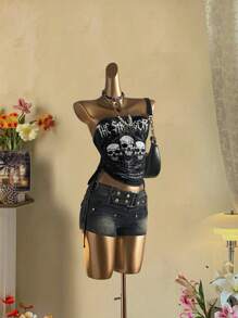 Attitoon Damen Lässig Retro Punk gerafftes Tube Top mit Krawattenfront - Verschiedenfarbig - Übersicht 5