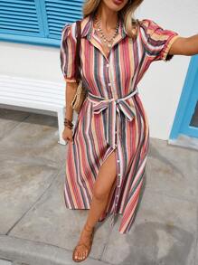 Vivid Eden Váy đi biển thường ngày cổ sọc dài cho nữ, mùa hè - Nhiều màu - Xem 5