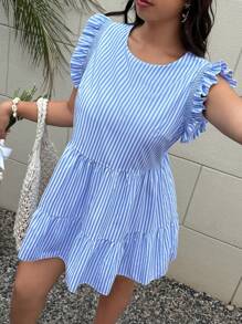 SHEIN PETITE Plus Size Women Striped Cap Sleeve A-Line Dress - Blue - View 6