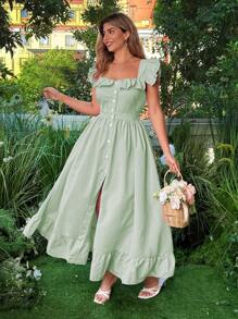 Flirla Plus Size Women Striped Print Ruffle Hem Maxi Dress - Green - View 2