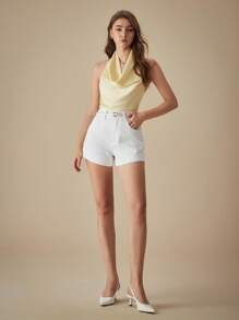SHEIN EZwear 白色宽下摆十字绣水钻水洗牛仔短裤 - 白色 - 查看 5