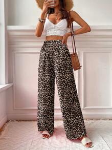 SHEIN VCAY بنطلون نسائي غير رسمي ذو ساقين واسعتين بطبعة نمر ،مناسب للعطلات الصيفية - متعدد الألوان - مشاهدة 4