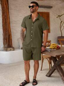 Manfinity Homme Plus Size Men's Solid Color Short Sleeve Shirt And Shorts Casual Set - Army Green - View 3