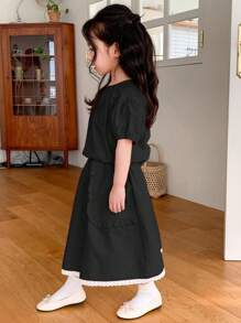Dazy Kids 年轻女孩纯色圆领泡泡袖落肩上衣和裙子两件套，夏季 - 黑色 - 查看 4