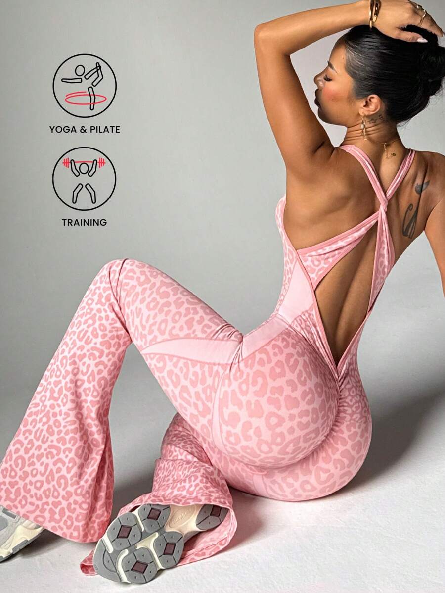 Slayform 1pc Leopard Print Twist Back V-Neck Wide Leg Jumpsuit Y2k Glowmode - Baby Pink - View 1