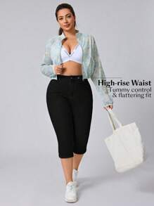 Flexra 大码女式弹力牛仔蓝色休闲七分裤 - 黑色 - 查看 5