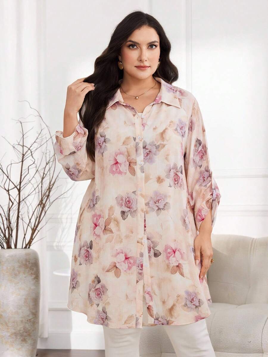 Veilorie Koszula damska jednorzędowa, swobodna, w stylu arabskim, z nadrukiem kwiatowym, w dużym rozmiarze, na lato