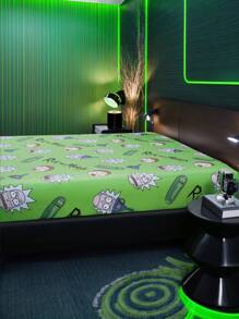 Rick and Morty X SHEIN 1pc Cartoon Cucumber Pattern Green Fitted Fitted Sheet, Soft Breathable And Warm Material, Suitable For Different Bed Sizes