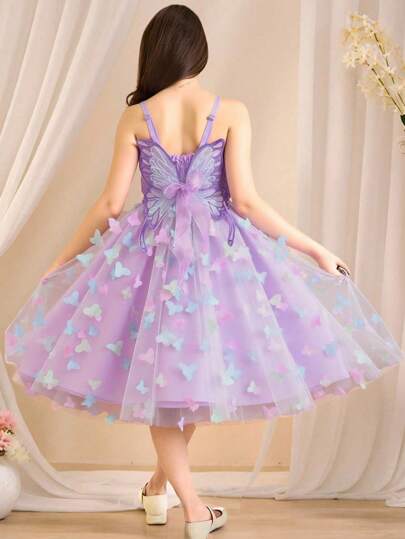 Sparklyn 1 pieza Vestido de tul con bordado de mariposa en degradado, decoración de lazo, dulce y elegante para niñas para el verano, con tirantes de espagueti