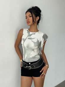 SHEIN Essnce Women's Asymmetric Top With Abstract Floral Painted Print & Mesh Design White Top Women Ruffle Top Graphic Top Sleeveless Top Mesh Top - Multicolor - View 6