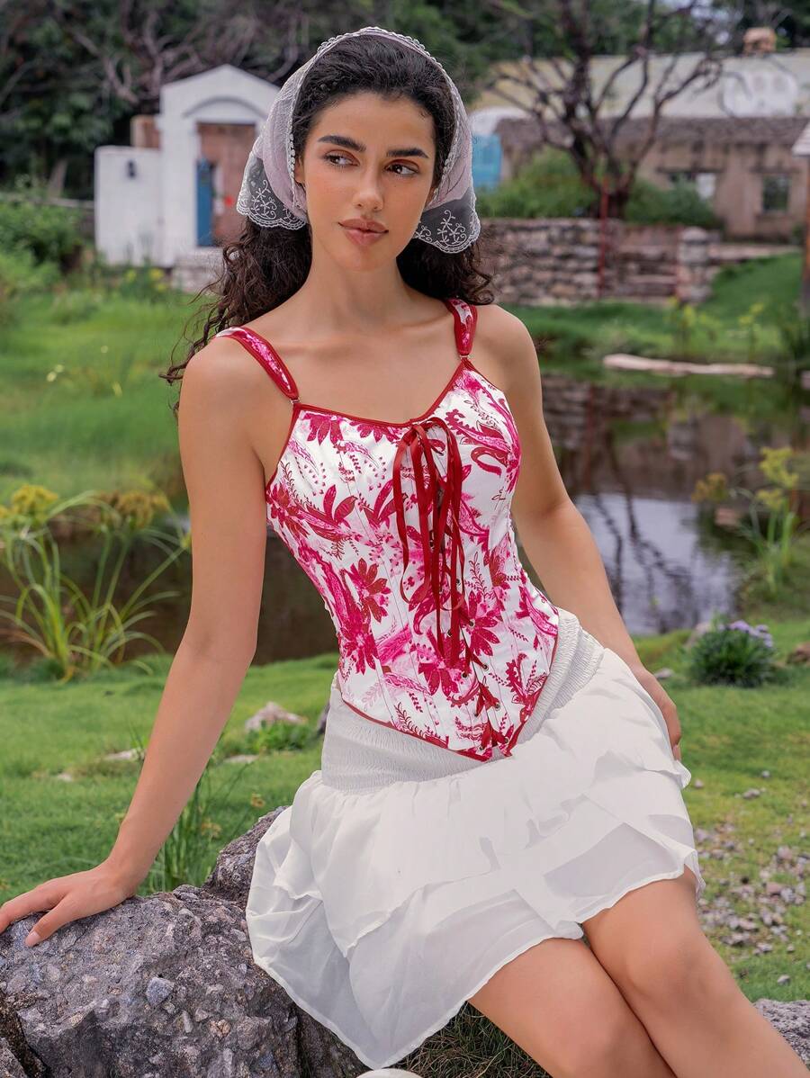 SHEIN 1pc Women Floral Print Eyelet Lace-Up Tank Top, Shapewear - Red and White - View 1