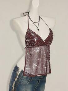 SHEIN ICON Women's Sexy Y2K Sequin Mesh Open Back Halter Neck Top - Coffee Brown - View 6