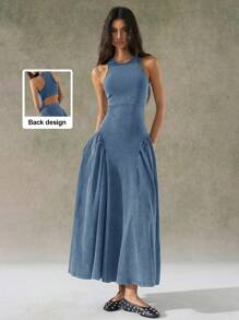 LYSMO 2025年新款夏季女款做旧水洗露背吊带连衣裙，蓝色 - 藍色 - 查看 7