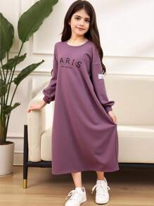 SHEIN Tween 女童休闲运动保暖保暖内衬超大徽标图案长袖运动衫连衣裙 - 淡紫色 - 查看 1