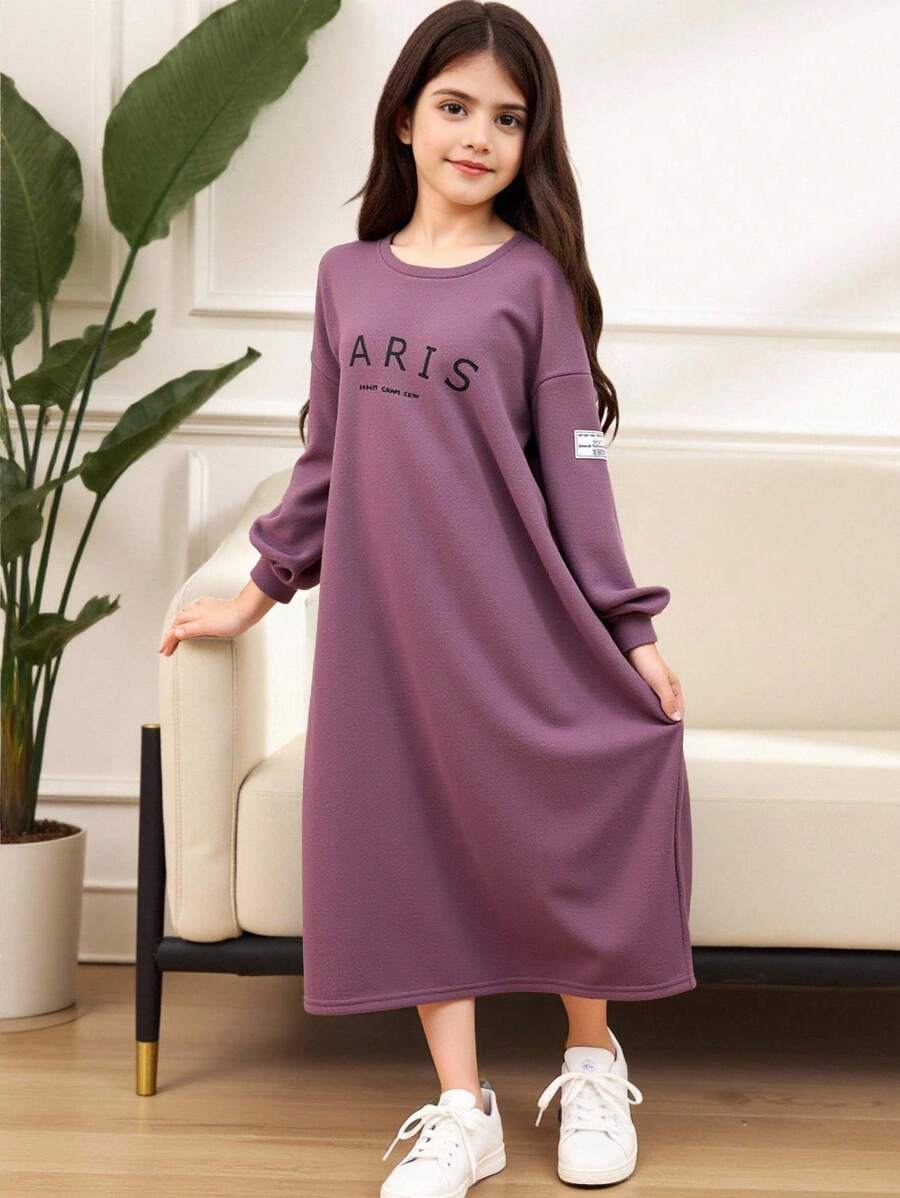 SHEIN Tween 女童休闲运动保暖保暖内衬超大徽标图案长袖运动衫连衣裙 - 淡紫色 - 查看 1