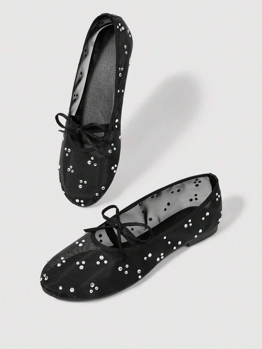 SheIn MOD 时尚黑色网眼蝴蝶结平底乐福鞋 - 黑色 - 查看 1