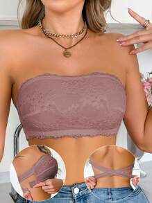 1pc Women's Lace Bandeau Bra, Wireless - Brown - View 3