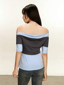 Rina Fox Chic & Simple Off Shoulder Half Sleeve Blouse, Casual Daily Wear Two Pieces Design, Color Block - Multicolor - View 4