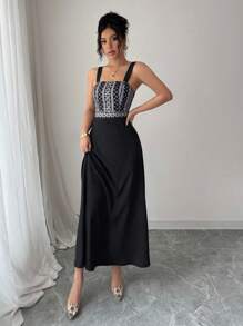 Rafferiza 2 件套女士复古印花吊带背心连衣裙（配腰部束腰夹克）套装 - 黑色 - 查看 6