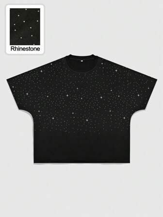 Street Life Camiseta de corte holgado y estilo corto para hombres con estampado de diamantes brillantes