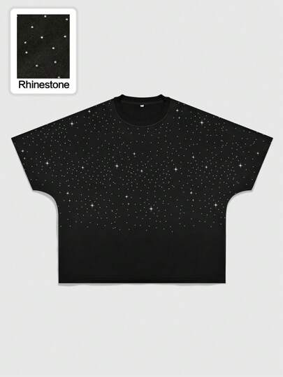 Street Life Men's Loose Fit Short Style Glittery Rhinestone Diamond Print T-Shirt