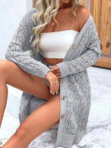 EMERY ROSE Casual Versatile Solid Color Hollow-Out Knit Cardigan Fall Winter Cloth For Women - Grey - View 4