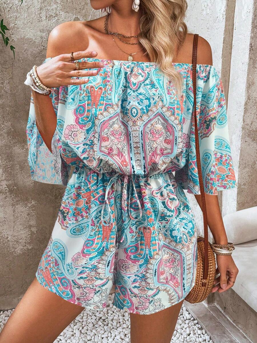Breezaya Women's Floral Print Off Shoulder Flared Sleeve Jumpsuit, Vacation Style - Multicolor - View 1