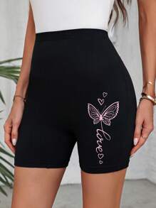 SHEIN LUNE LOVE Casual Butterfly & Letter Print High Waist Women Short Leggings, Summer Suitable For Going Out - Black - View 3