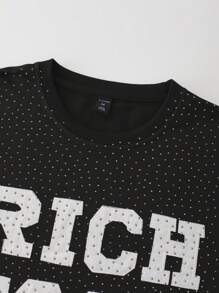 ROMWE MEN Street Life 男士水钻刺绣T恤，七分袖 - 黑色 - 查看 5