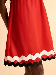 CAJUNI Summer Holiday Casual Beach V-Neck Ruffle Sleeve Wavy Hem Long Dress, Red - Multicolor - View 6