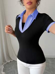 Rafferiza 女士端庄复古风格二合一商务休闲 T 恤，适合办公室、返校季 - 藍色和黑色 - 查看 5