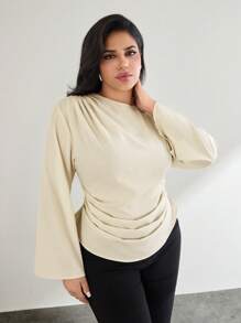 SHEIN Privé Camisa De Manga Acampanada Y Cintura Plisada Para Mujeres De Talla Grande