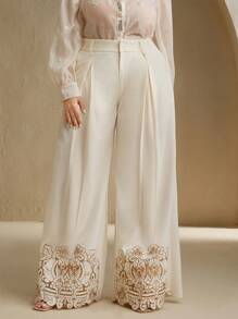 Anewsta Plus Size Women Hollowed-Out Embroidered Floral Embroidery Long Pants, Spring/Summer Graduation,Back To School,Teacher - Apricot - View 3