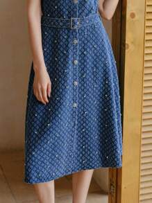 MOTF PREMIUM 配腰带水钻细节牛仔连衣裙 - 藍色 - 查看 7