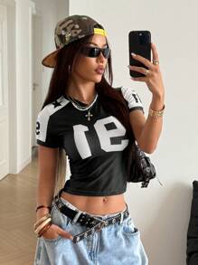 StreetHx Áo thun thể thao giản dị in chữ cổ chữ V dành cho nữ, mùa xuân/hè - màu đen - Xem 6