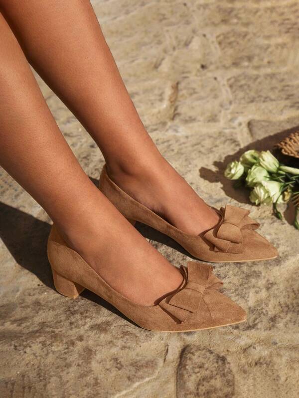 CUCCOO CHICEST Women Shoes Point Toe Bow Decor Fashion Chunky Heeled Suede Court Camel Pumps Vacation Shoes Summer Spring Shoes Spring Break Easter Prom Heels