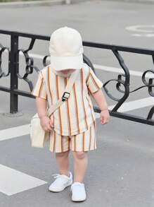 SHEIN Playful Pals Infant Baby Boy Casual Cute Chic Orange Blue Striped Waffle Knit Short Sleeve T-Shirt & Matching Shorts Set, Summer