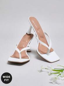 SHUZIA Wide-Fit Women Comfortable Kitten Heel Square Toe Thong Heeled Sandals - White - View 6