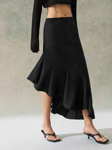 LYSMO 2025 New Arrival Spring-Summer Women's High-End Fashion Black Linen-Textured Midi Skirt Featuring A Ruffled Hem With Asymmetric Design. Perfect For Elegant, Fashion-Forward Styling, And Chic Everyday Office Wear