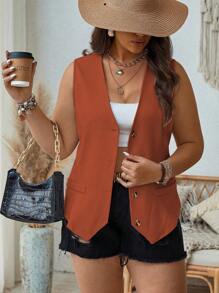 Flirla Plus Size Casual Solid Color Suit Vest For Summer Woman S Summer Clothes Women S Clothes Women Summer Sets Women Clothing Summer Outfits Summer Outfits For Women Graduation,Back To School,Teacher Outfits For Women - Orange - View 4