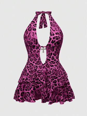 J-Fashion Plus Size Women Y2K Retro Subculture Sexy Halter Cross Ruffle Hem Dress