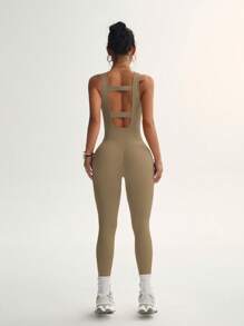 SHEIN Sports 女式纯色露背无袖无缝连体运动裤 - 卡其色 - 查看 6