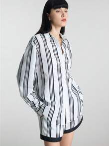 Ontre 2025 年夏季女装，拼色条纹，都市时尚夏季休闲衬衫和短裤套装，适合独立日、圣约翰节、通勤、办公室、茶会、日常穿着 - 黑與白 - 查看 5