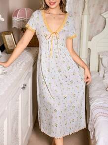 CottageSlumber 女式 V 领短袖睡袍，带有碎花、色块、蕾丝和蝴蝶结设计夏季睡袍花卉睡袍睡裙女式睡袍丰盛的花卉光彩