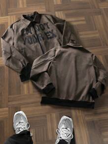 Manfinity Roghcode Chaqueta casual con cremallera y gráfico de letras de manga larga para hombres, práctica y elegante, adecuada para uso al aire diario, otoño - Gris - Ver 8