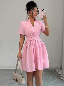 Rafferiza 女士优雅 V 领交叉系腰短袖条纹衬衫裙，休闲夏装