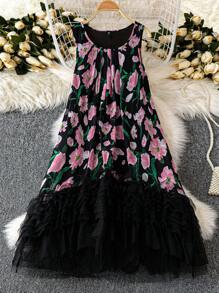 SHEIN LUNE 大码女式无袖浪漫印花花卉荷叶边下摆连衣裙，度假风格 - 黑色 - 查看 1