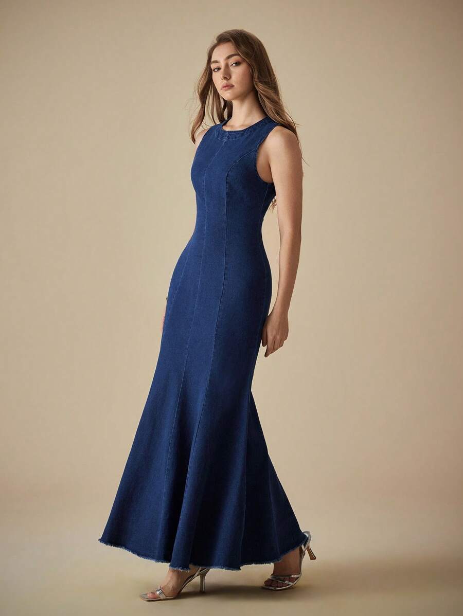 Selenza Women Solid Color Simple Sleeveless Denim Dress  Casual Elegant In Women - Blue - View 1